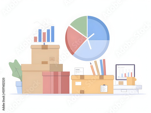 Clean Workspace Featuring Pie Chart, Bar Chart, and Time Productivity Elements