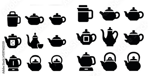 Tea and coffee silhouette icons set – filled, beverage and drinkware symbols