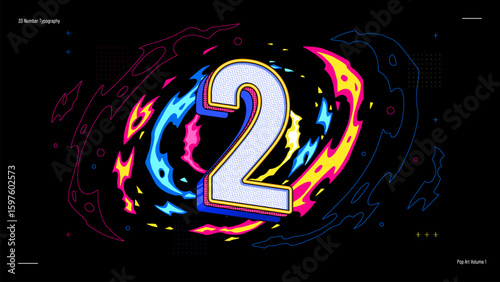 3D Number Two Typography in Neon Pop Art Style - Bold, Colourful Vector Design for Posters, Education, Events and Digital Graphics