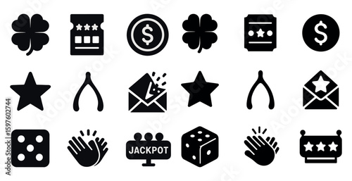 Casino and gaming solid icons set – filled, gambling and betting symbols