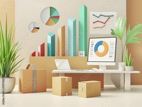 Modern Flatlay of Time Management Tools with Charts and Packaging Box