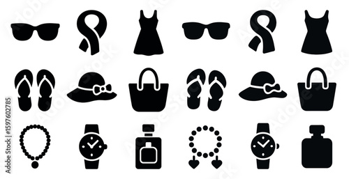 Fashion accessories solid icons set – bags, sunglasses, summer style