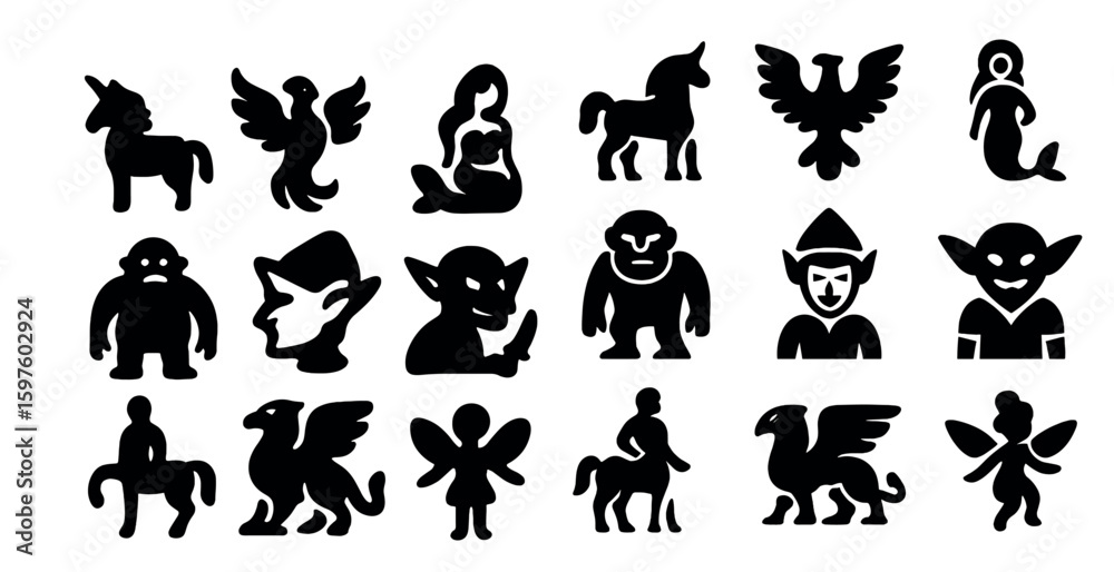 Fototapeta premium Mythical creatures silhouette icons set – filled, fantasy, magical symbols