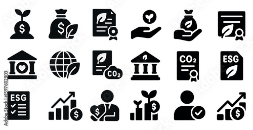 Finance and esg solid icons set – sustainability, economic growth symbols