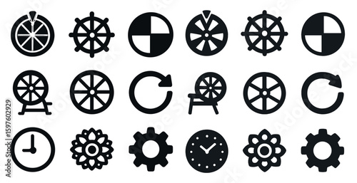 Wheel and gear silhouette icons set – solid, mechanical, industrial symbols