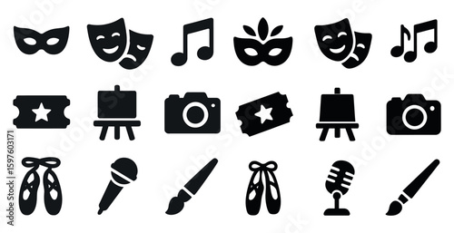 Arts and entertainment silhouette icons set – solid, theater, and music symbols