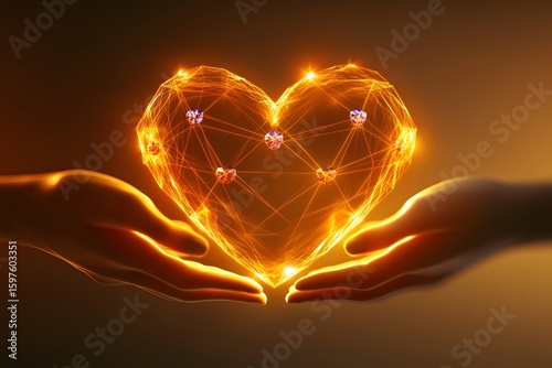 Holding Glowing Heart with Diamond Accents in Hands Concept