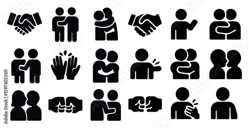 Friendship and connection filled icons set – handshake, hug, social interaction symbols