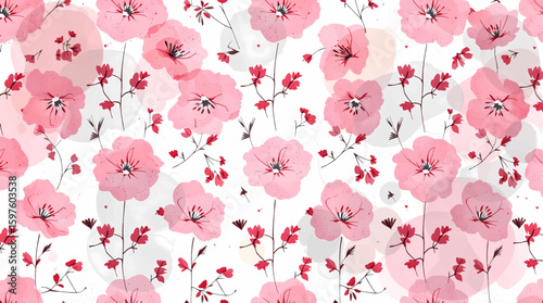 Floral watercolor seamless pattern with delicate abstract flowers, buds, leaves on branches and butterflies. Floral design illustration in vintage style for textile or wallpapers on grey background.