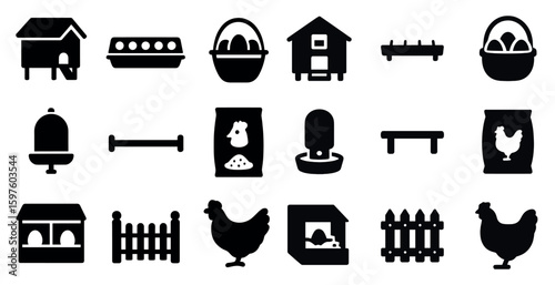 Poultry farming silhouette icons set - solid, filled, chicken and coop symbols