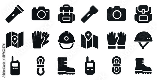 Outdoor adventure icons set – solid, camping, travel and exploration graphics