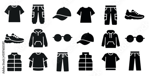 Clothing silhouette icons set – solid, filled, apparel and fashion symbols