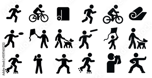 Fitness and sport icons set – silhouette, solid, exercise and health symbols