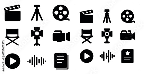 Film and video solid icons set – outline, filled, cinema and production symbols