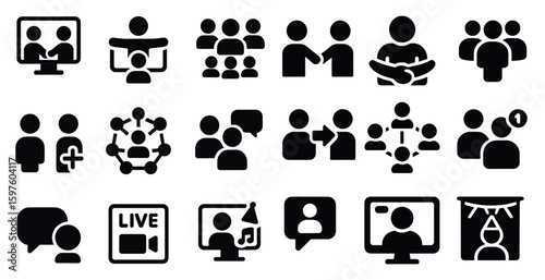 Communication and teamwork solid icons set – filled, interaction, collaboration graphics