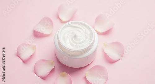 A jar of smooth, white cream surrounded by delicate pink rose petals on a pastel pink surface.