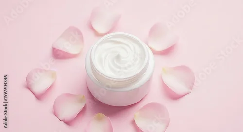 Fototapeta samoprzylepna A jar of smooth, white cream surrounded by delicate pink rose petals on a pastel pink surface.