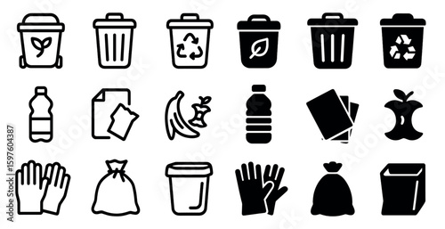 Recycling and waste management icons set – solid, filled, eco-friendly symbols