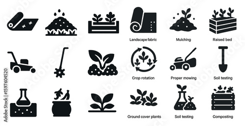 Gardening and landscaping filled icons set – solid, silhouette, yard maintenance symbols
