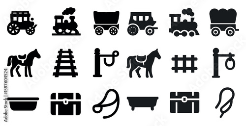 Wild west solid icons set – silhouette, cowboy, frontier style imagery