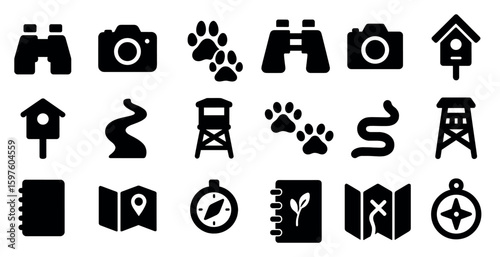 Nature exploration icons set — filled, solid, wildlife and adventure symbols