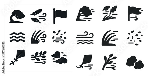 Wind and nature elements silhouette icons set – outline, weather, environmental graphics