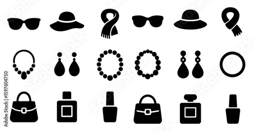 Fashion accessories solid icons set – silhouette, filled, jewelry, and clothing symbols