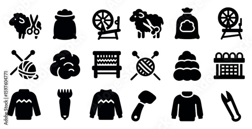 Wool and knitting icons set – solid, filled, crafting and textile symbols