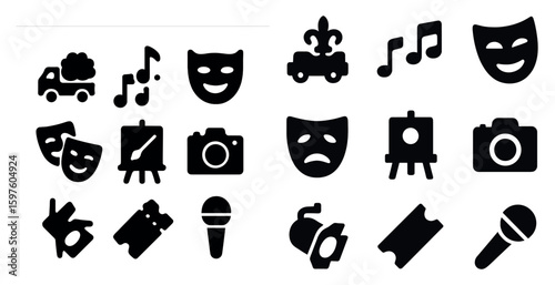 Entertainment and arts solid icons set – filled, theater, music and creativity symbols