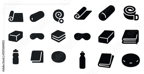 Travel and leisure solid icons set – silhouette, vacation, trip essentials