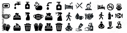 Hygiene and health icons set – solid, outline, cleanliness and wellness symbols