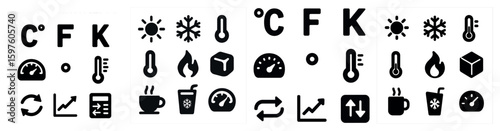 Weather and temperature solid icons set – filled, climate, celsius and fahrenheit symbols