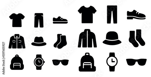 Clothing and accessories solid icons set – filled, fashion, apparel symbols