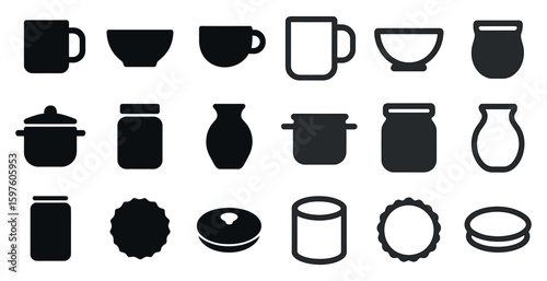 Kitchen accessories silhouette icons set – utensils, cookware, dining essentials