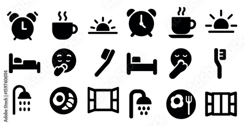 Daily routine solid icons set – filled, morning, bedtime, wake-up symbols