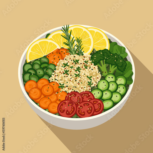 Buddha bowl topped with lemon wedges and fresh herbs, bright and appetizing flat design with soft shadows