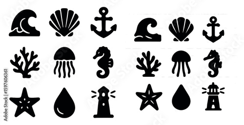 Marine silhouette icons set – ocean, nautical, aquatic symbol collection