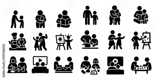 Family and parenting silhouette icons set – solid, filled, nurturing symbols