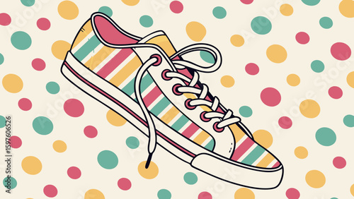 A colorful striped sneaker against a playful polka dot background.