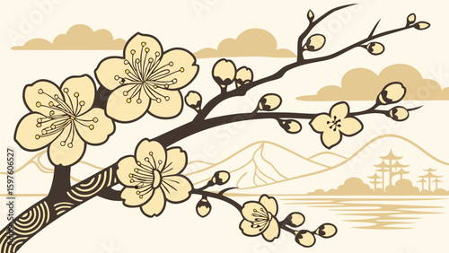 A serene illustration featuring blossoming cherry flowers against a tranquil landscape.