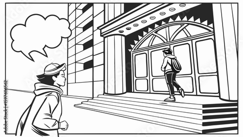 A young woman of mixed ethnicity looks determined as she approaches a grand building, showcasing urban life and ambition.