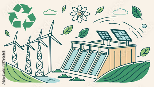 Illustration of renewable energy sources with wind turbines, solar panels, and a hydroelectric dam, promoting sustainability.