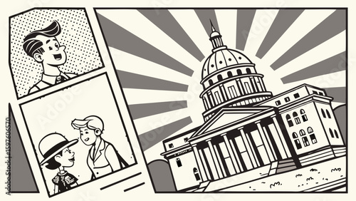 Two cartoon characters share a joyful moment near a grand government building, showcasing a sense of community and optimism.