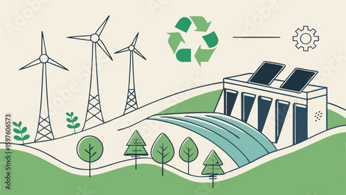 An illustration of sustainable energy with wind turbines, solar panels, and a hydroelectric dam, promoting eco-friendliness.