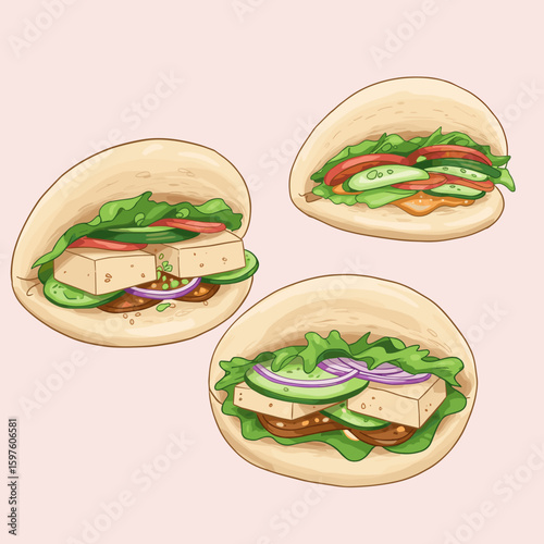 Bao buns filled with fresh veggies and tofu, minimalist vector style, pastel tones, organic feel