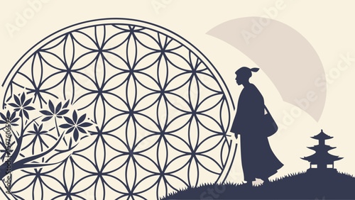 A serene Japanese woman in a traditional kimono stands under a parasol, framed by floral patterns and a pagoda.