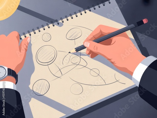 Photo of a person is drawing a diagram in a notebook, showcasing creative thinking and planning