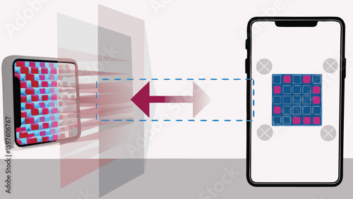 Data transfer between two smartphones with grid patterns and a central arrow illustration shown here