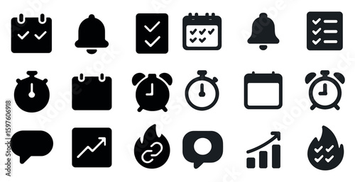 Task and reminder solid icons set – filled, schedule and alert symbols