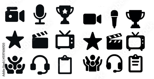Media and communication solid icons set – flat, filled, broadcast and audio symbols